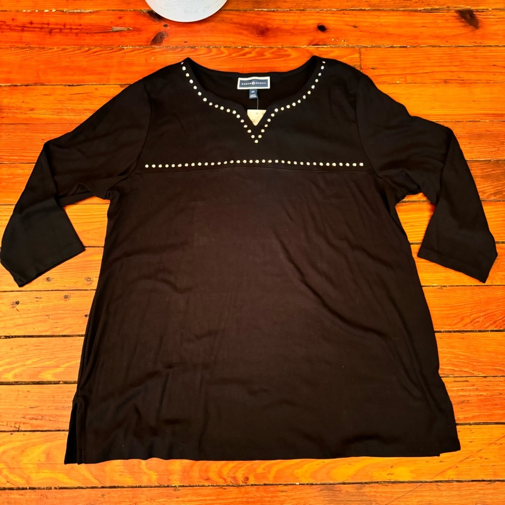 Karen Scott 3/4-Sleeve Embellished Boat Neck Tunic Top Size 2X NWT Black - Picture 5 of 13